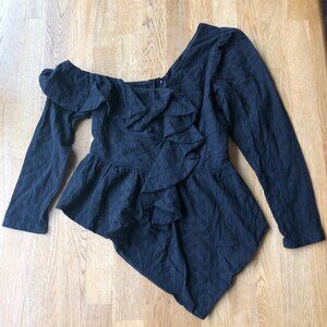Lea & Viola Black Ruffle Top One Shoulder Asymmetrical Size Small